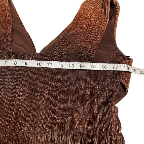Dress the Population Brown Gold Pleated Metallic Midi Dress L Sleeveless Party - Picture 8 of 10
